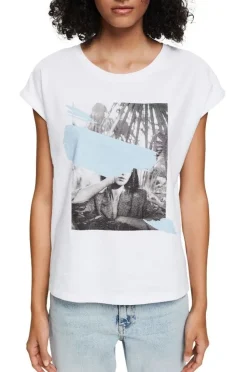 EDC T- Shirt Frontprint rundhals- Ausschnitt weiß, lila S12 052CC1K328