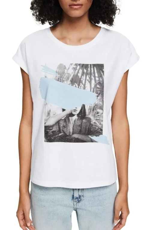 EDC T- Shirt Frontprint rundhals- Ausschnitt weiß, lila S12 052CC1K328